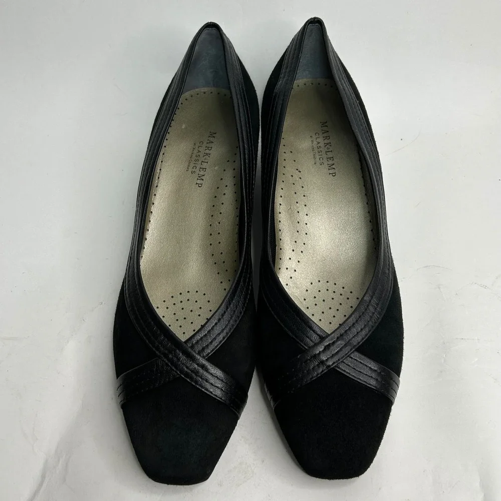Mark Lemp Classics Walking Cradles Black Suede Leather Square‎ Toe Pumps 10M